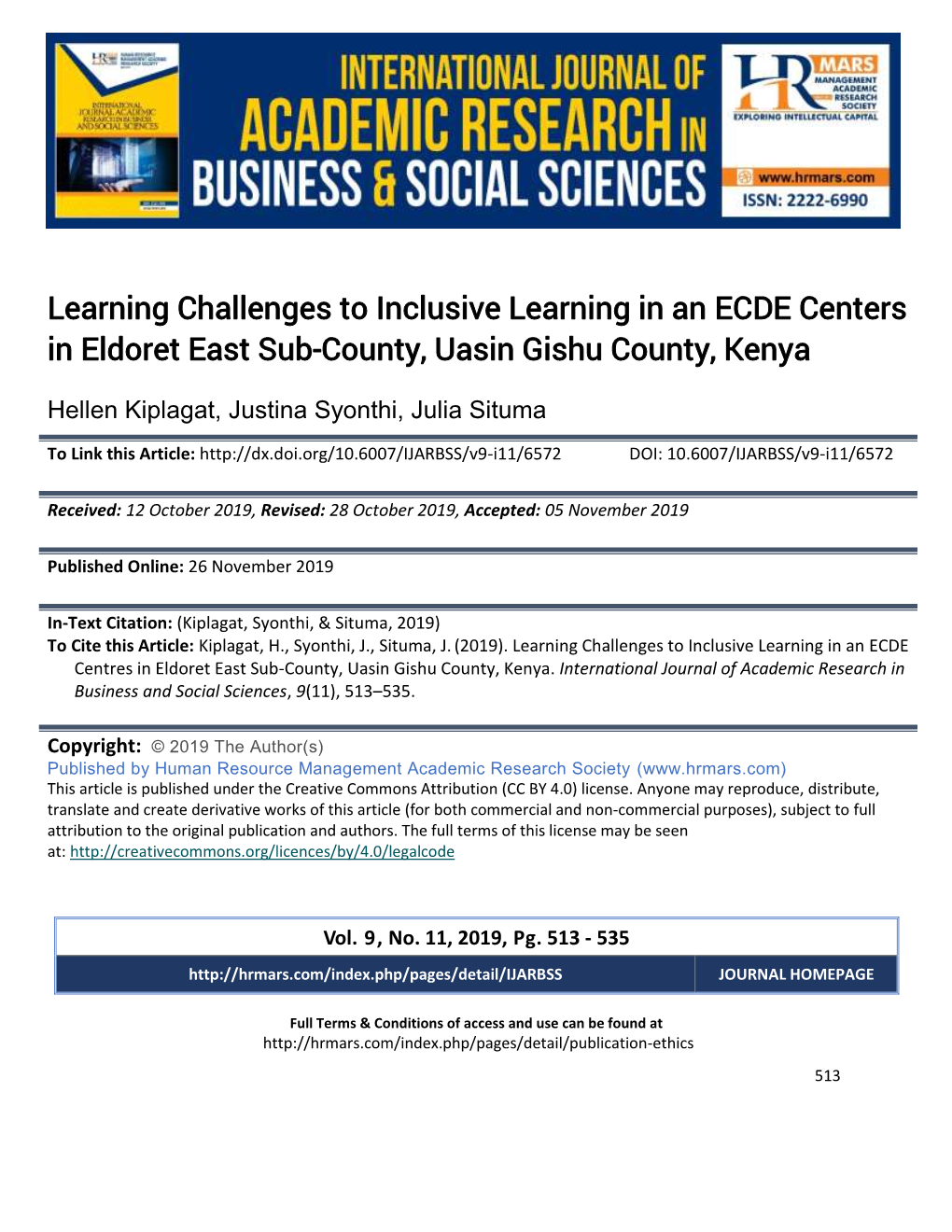 Learning Challenges to Inclusive Learning in an ECDE Centers in Eldoret East Sub-County, Uasin Gishu County, Kenya