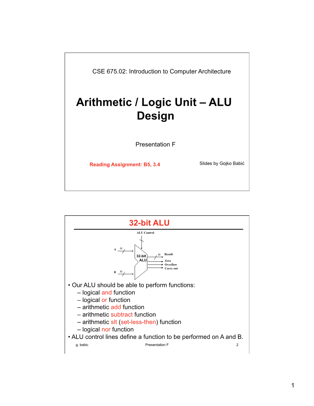 Arithmetic / Logic Unit – ALU Design