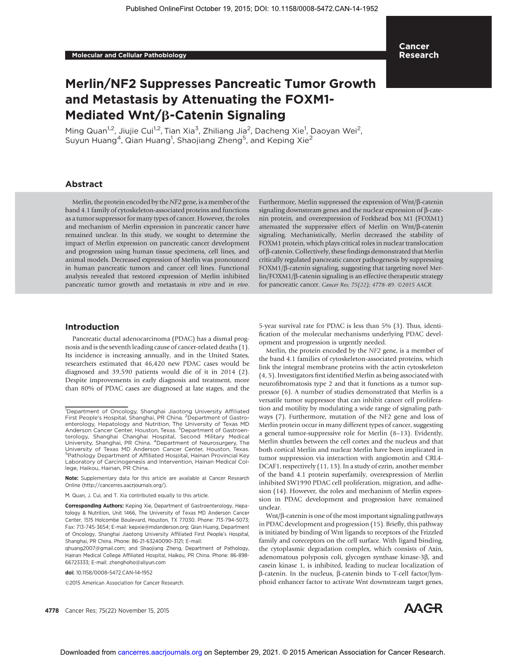 Merlin/NF2 Suppresses Pancreatic Tumor Growth