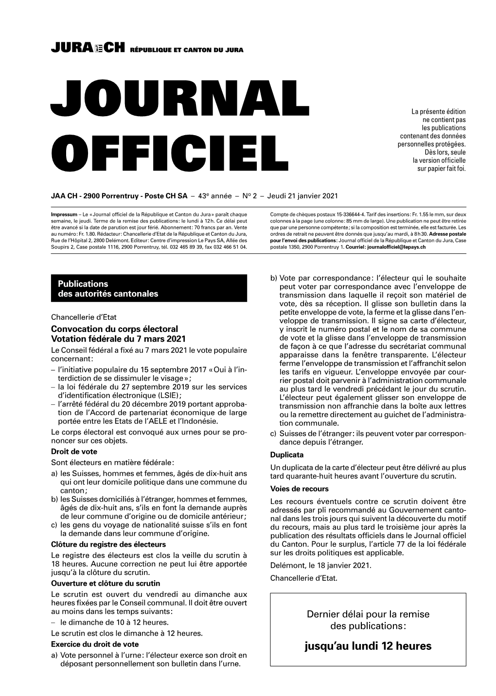 Journal Officiel De La République Et Canton Du Jura » Paraît Chaque Compte De Chèques Postaux 15-336644-4