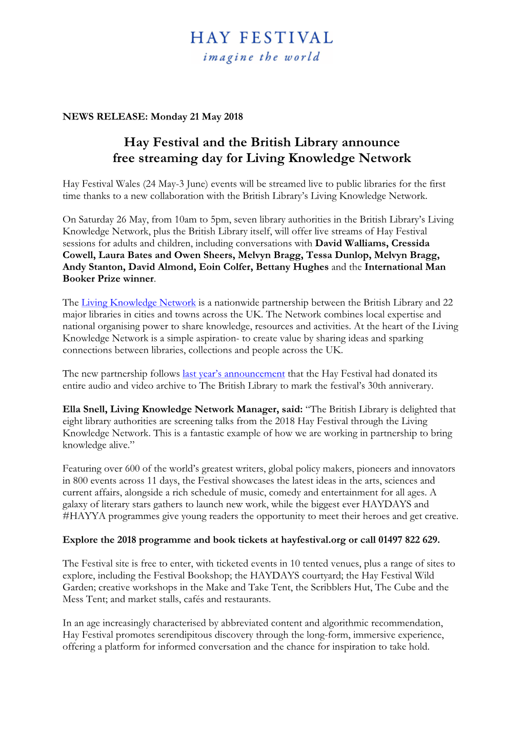 Hay Festival and the British Library Announce Free Streaming Day for Living Knowledge Network