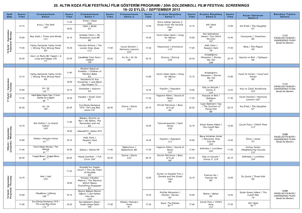 20. ALTIN KOZA FİLM FESTİVALİ FİLM GÖSTERİM PROGRAMI / 20Th GOLDENBOLL FILM FESTIVAL SCREENINGS 16–22 EYLÜL / SEPTEMBER 2013