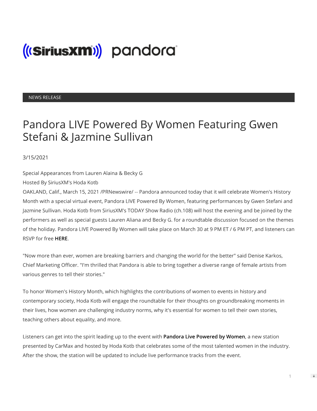 Pandora LIVE Powered by Women Featuring Gwen Stefani & Jazmine