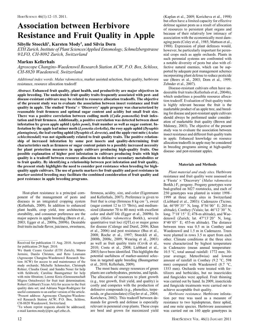 Association Between Herbivore Resistance and Fruit Quality in Apple