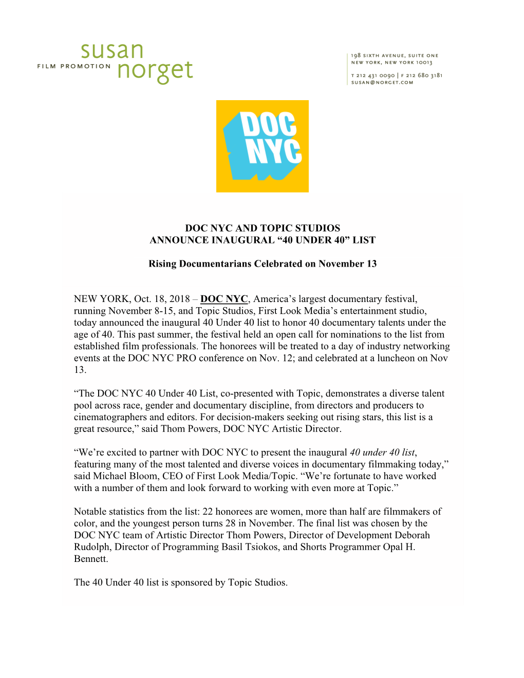 Doc Nyc and Topic Studios Announce Inaugural “40 Under 40” List