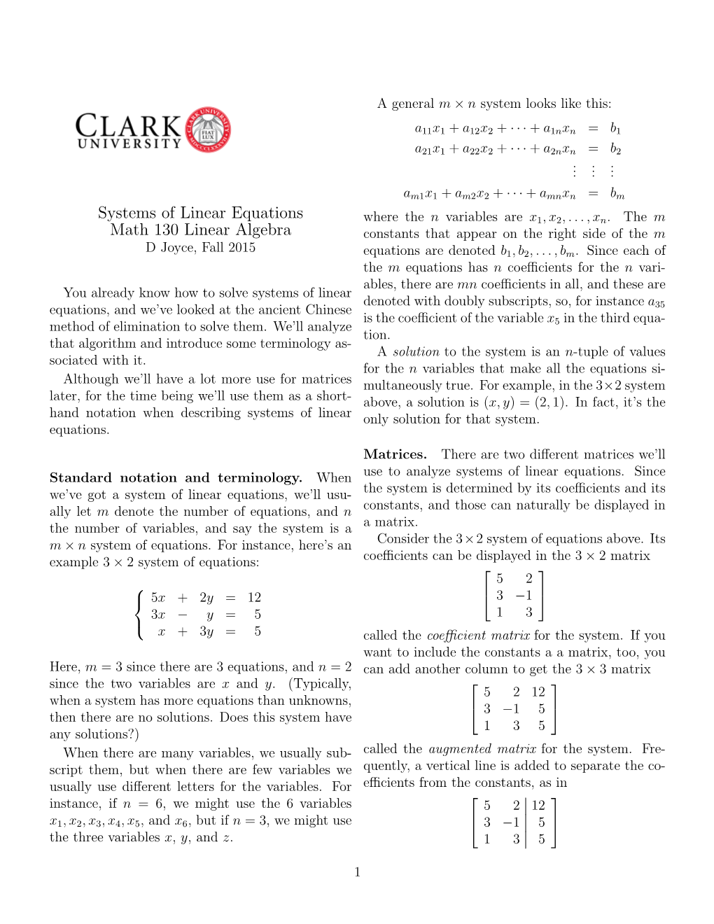 Systems of Linear Equations Math 130 Linear Algebra