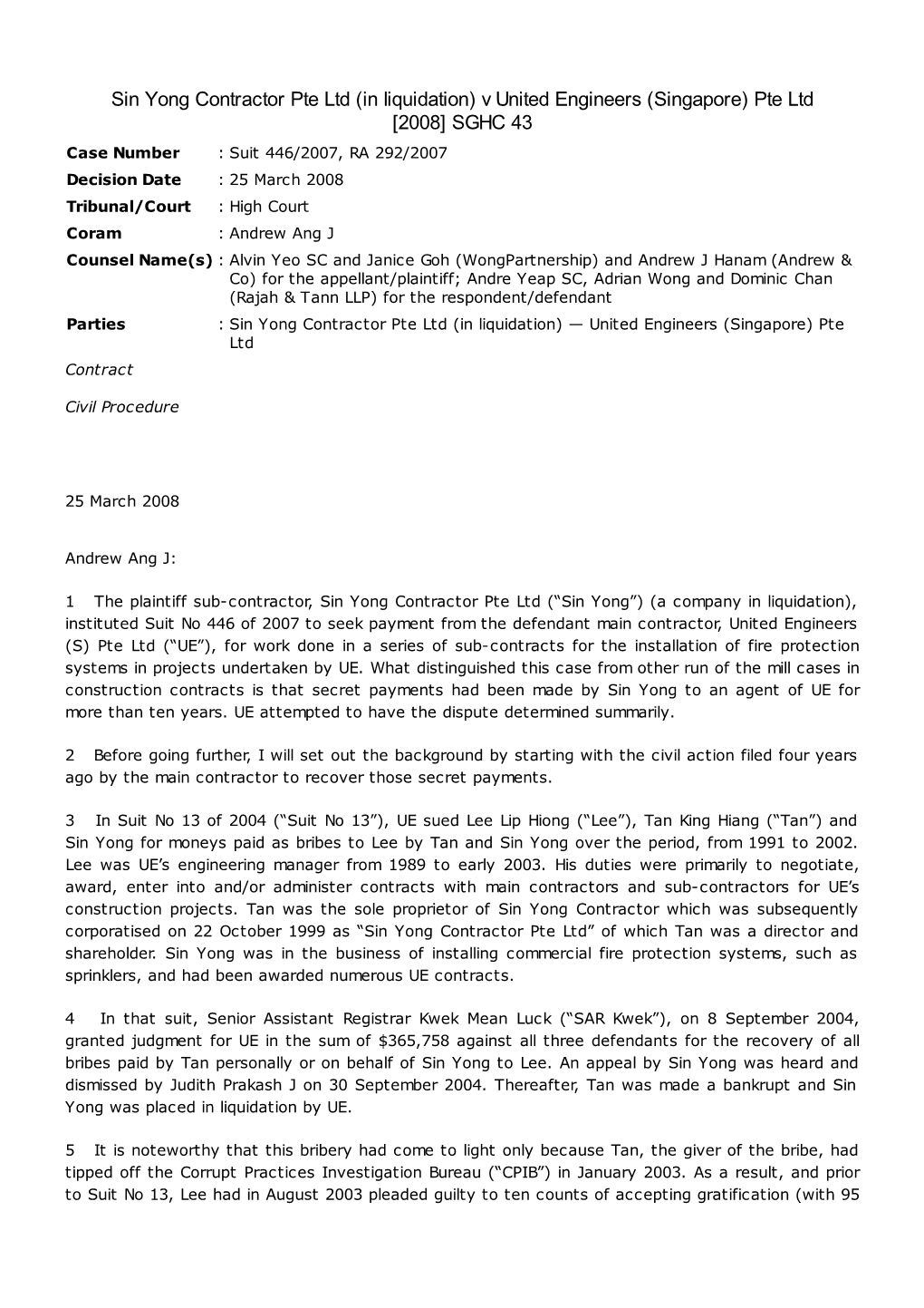 Sin Yong Contractor Pte Ltd (In Liquidation) V United Engineers