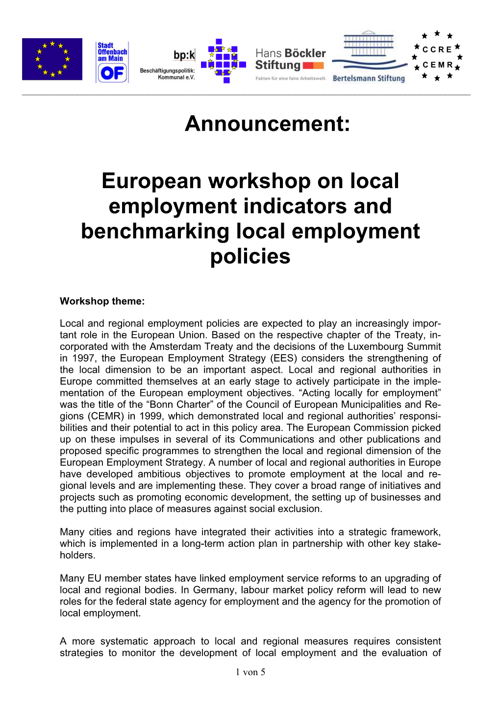 Programmes to Strengthen the Local and Regional Dimension of the European Employment Strategy