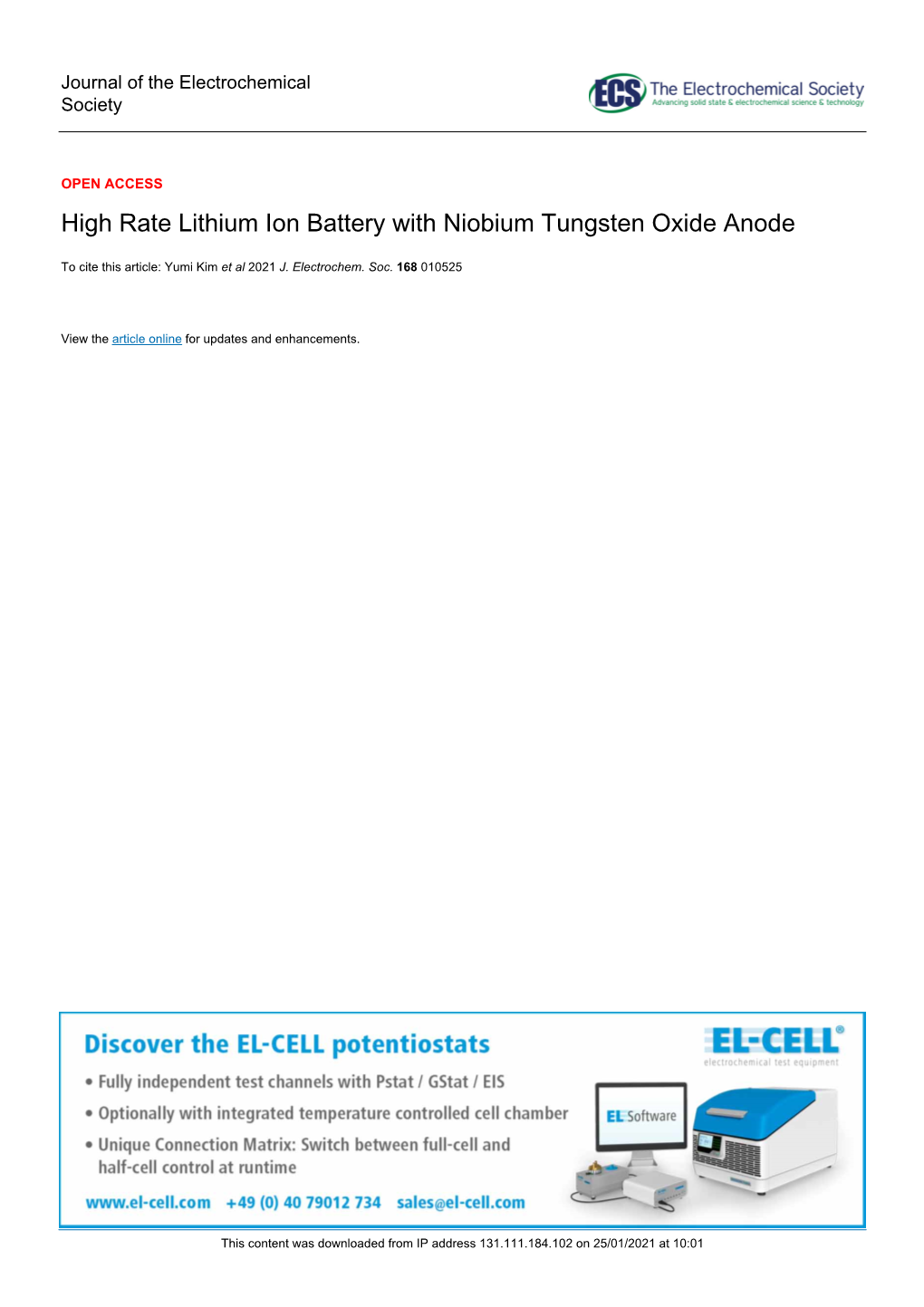 High Rate Lithium Ion Battery with Niobium Tungsten Oxide Anode