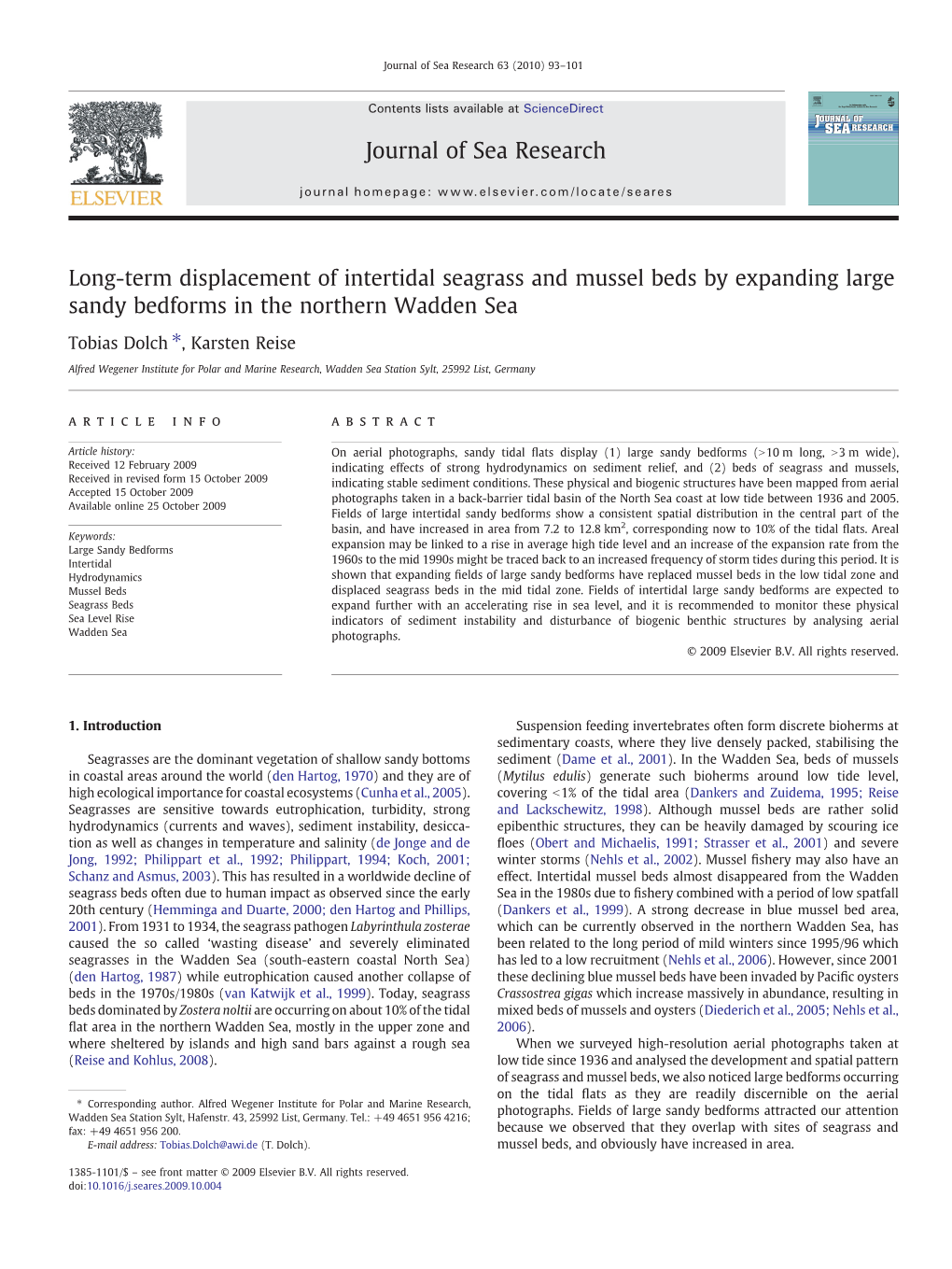 Long-Term Displacement of Intertidal Seagrass and Mussel Beds by Expanding Large Sandy Bedforms in the Northern Wadden Sea