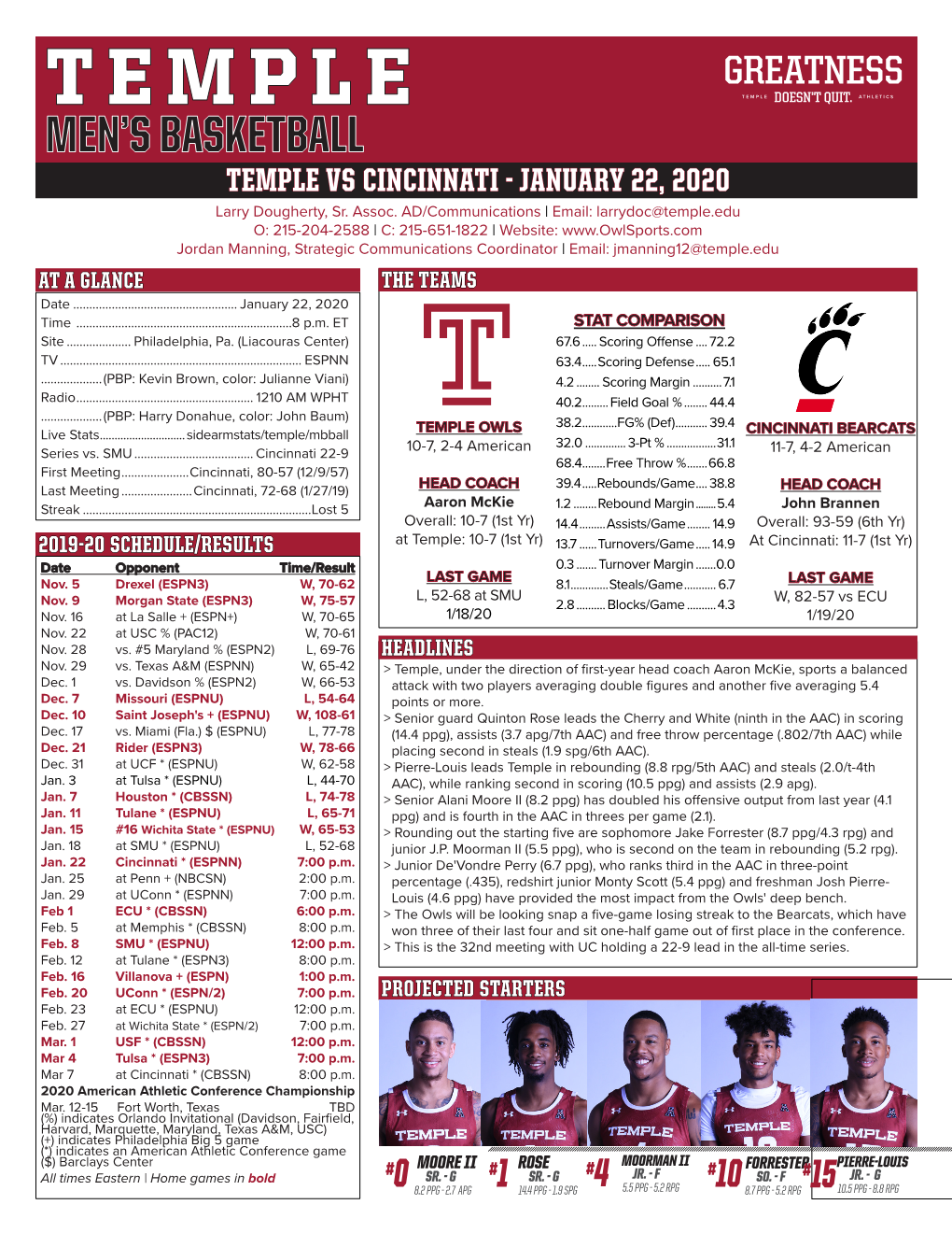 TEMPLE MEN’S BASKETBALL TEMPLE VS CINCINNATI - JANUARY 22, 2020 Larry Dougherty, Sr