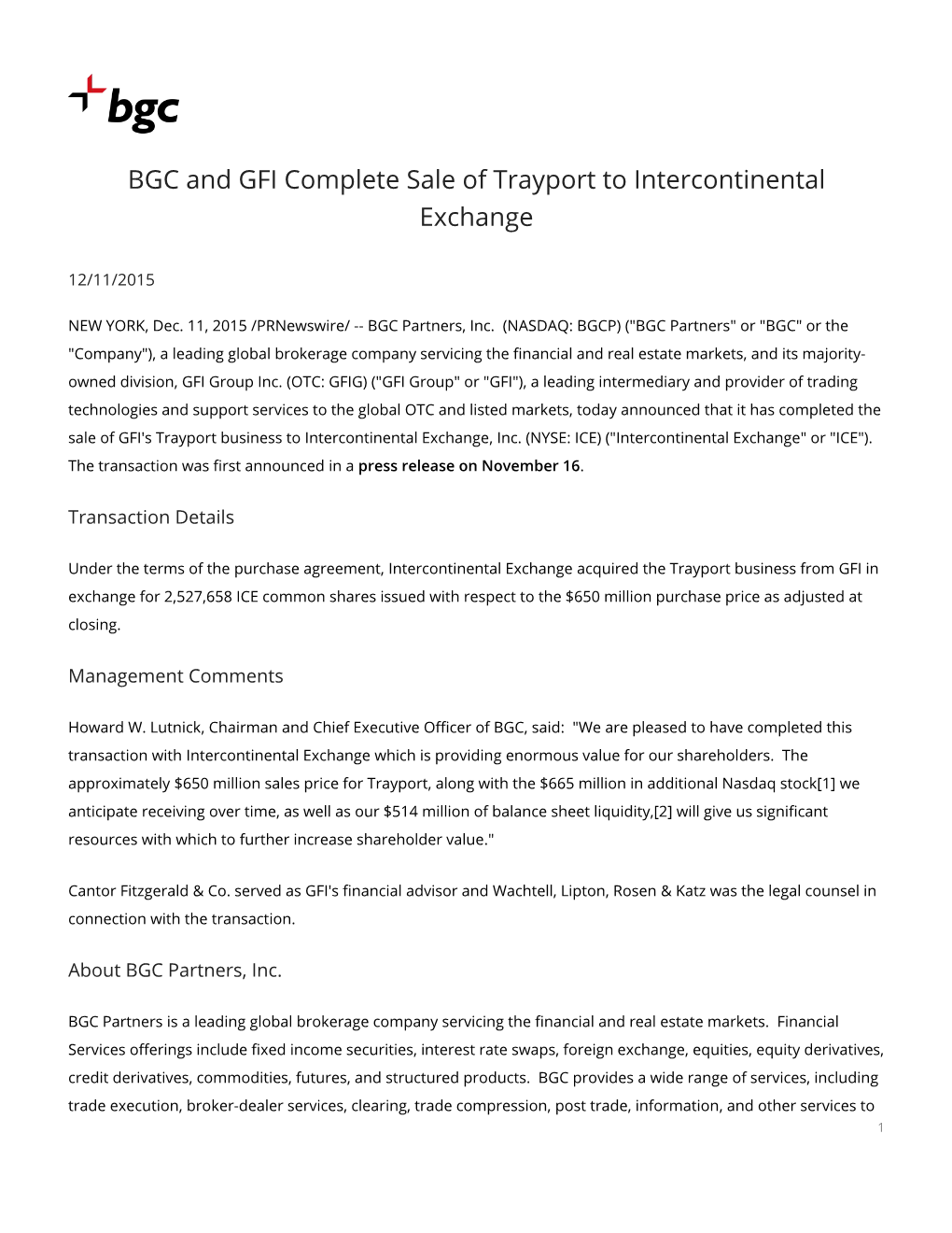 BGC and GFI Complete Sale of Trayport to Intercontinental Exchange