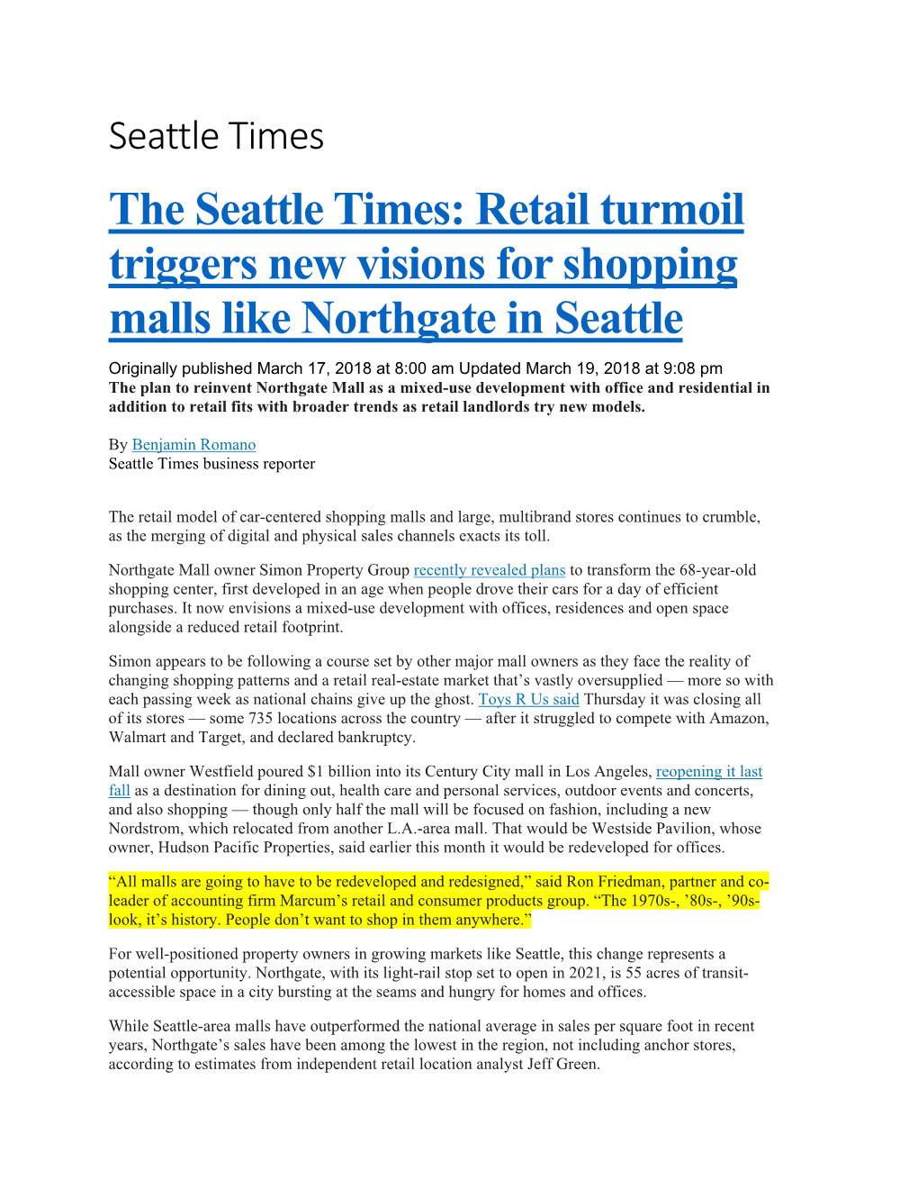 The Seattle Times: Retail Turmoil Triggers New Visions for Shopping Malls Like Northgate in Seattle