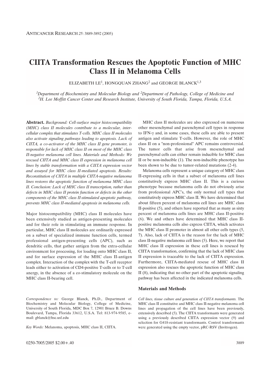 CIITA Transformation Rescues the Apoptotic Function of MHC Class II in Melanoma Cells
