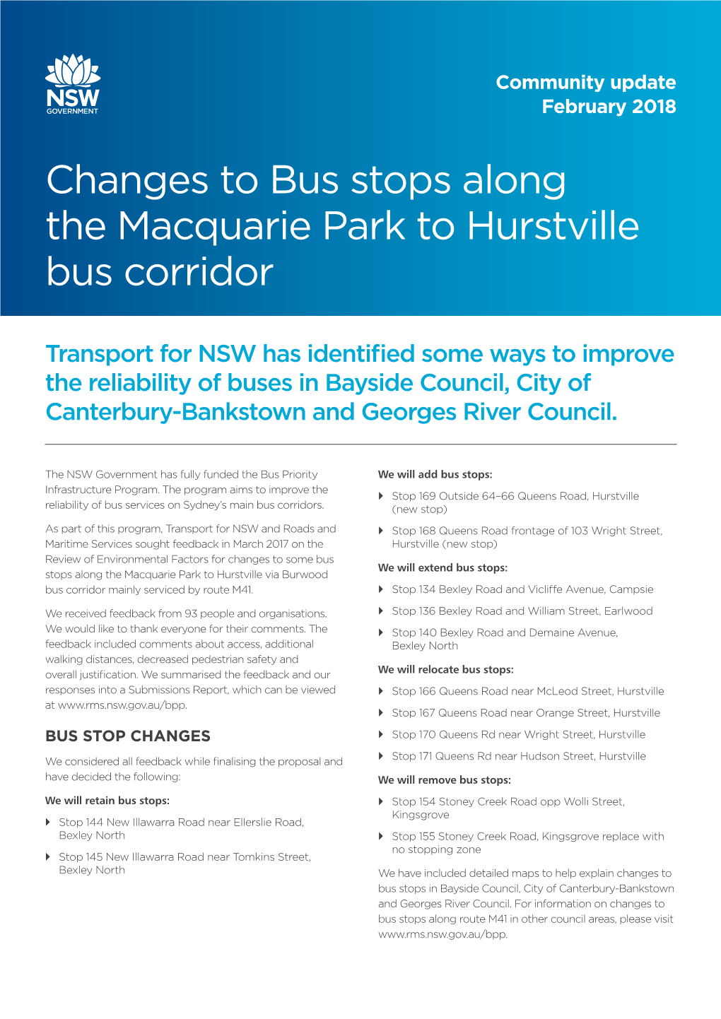 Macquarie Pack to Hurstville Bus Stop Changes Bayside Council, City Canterbury-Bankstown and Georges River Councikl