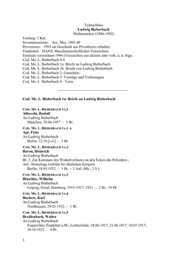 Teilnachlass Ludwig Bieberbach Mathematiker (1886-1982) Umfang: 1 Kst