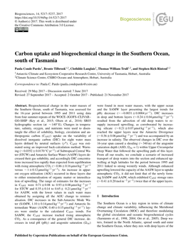 Carbon Uptake and Biogeochemical Change in the Southern Ocean, South of Tasmania