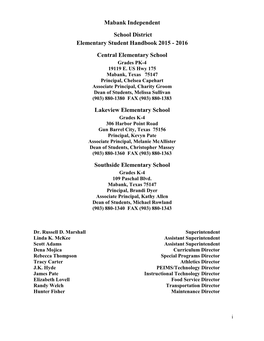 Student Handbook 2015 - 2016 Central Elementary School Grades PK-4 19119 E