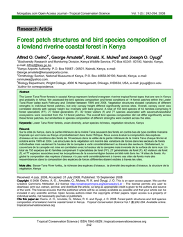 Forest Patch Structures and Bird Species Composition of a Lowland Riverine Coastal Forest in Kenya