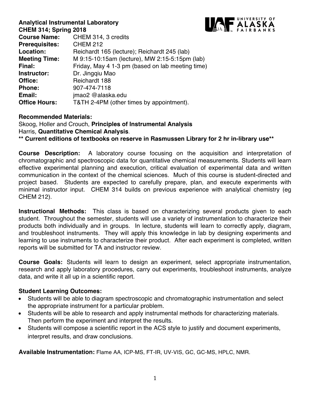 Analytical Instrumental Laboratory CHEM 314; Spring 2018 1 Course