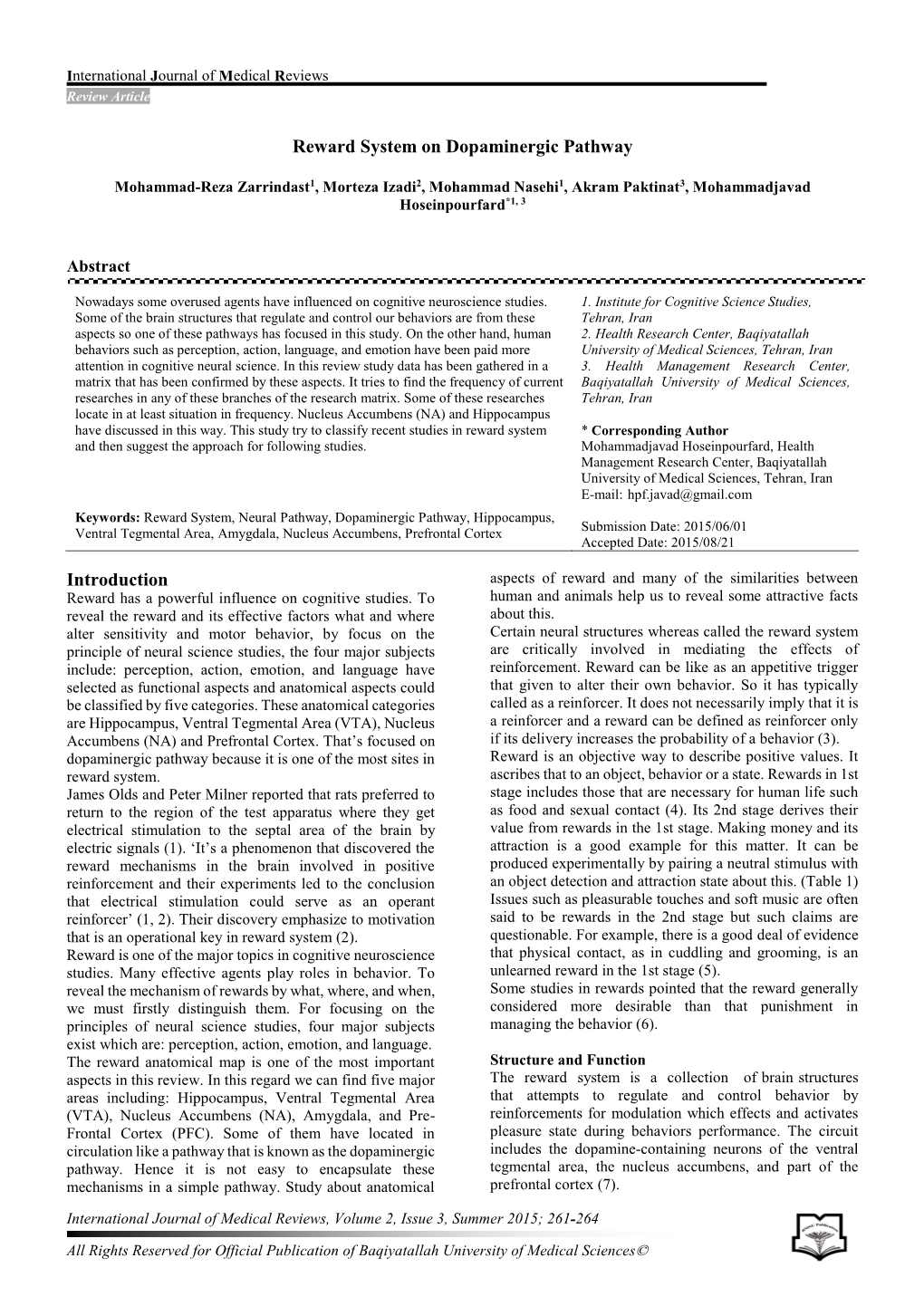 Reward System on Dopaminergic Pathway Introduction