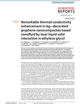 Remarkable Thermal Conductivity Enhancement in Ag—Decorated Graphene Nanocomposites Based Nanofuid by Laser Liquid Solid Interaction in Ethylene Glycol M