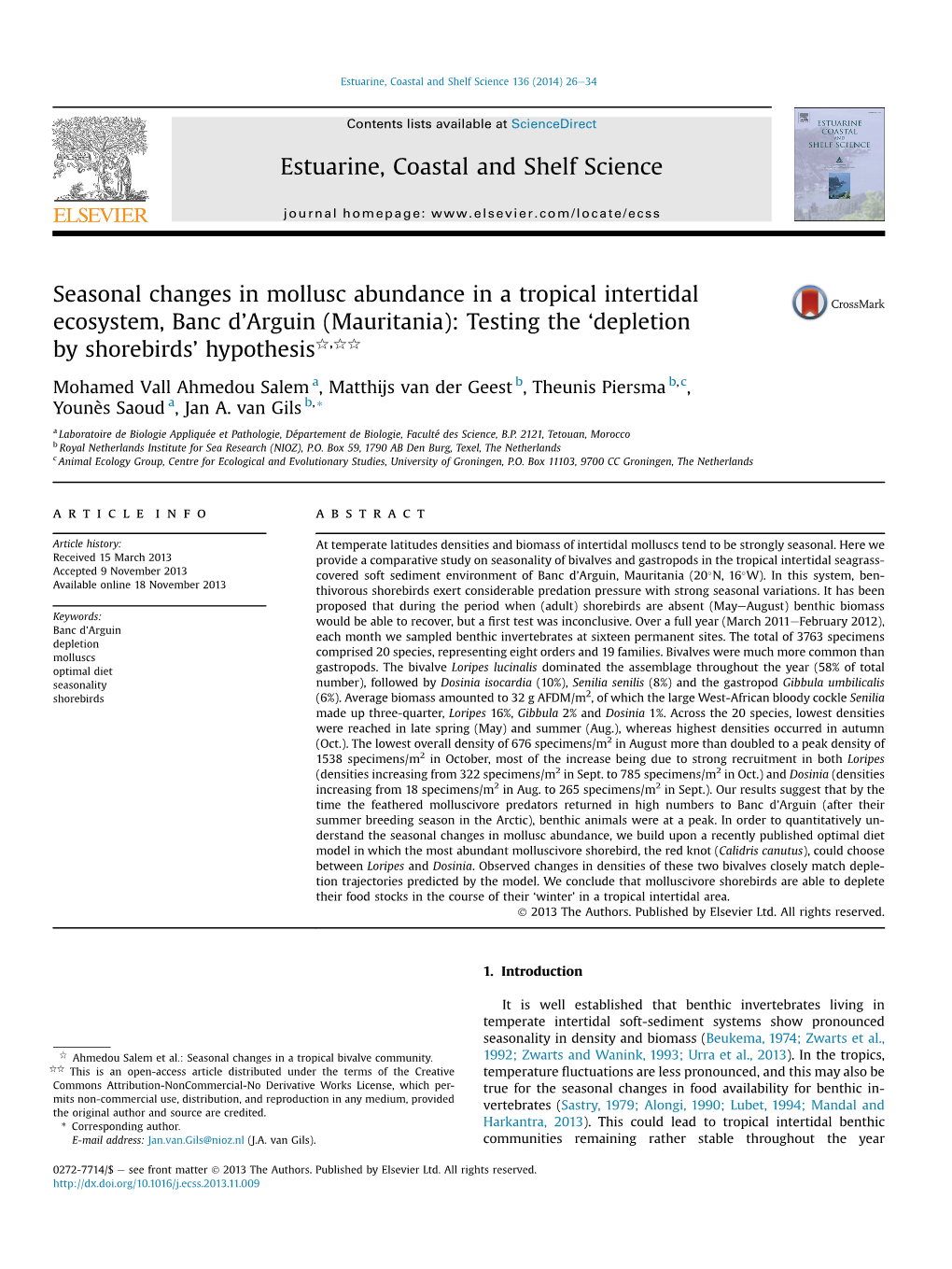 Seasonal Changes in Mollusc Abundance in a Tropical Intertidal Ecosystem, Banc D'arguin