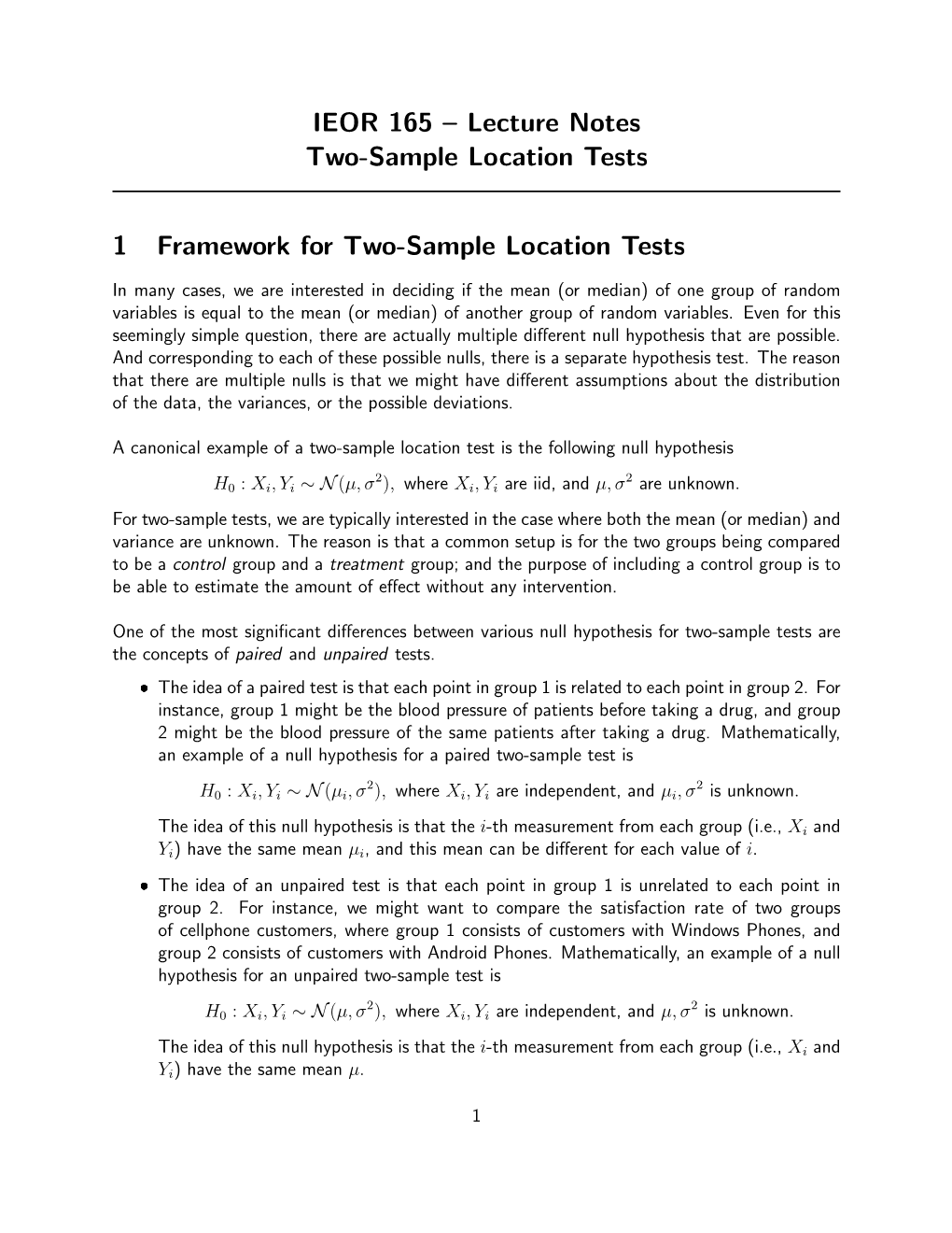 IEOR 165 – Lecture Notes Two-Sample Location Tests 1