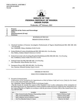Senate Order Paper Wednesday, 10Th February, 2021