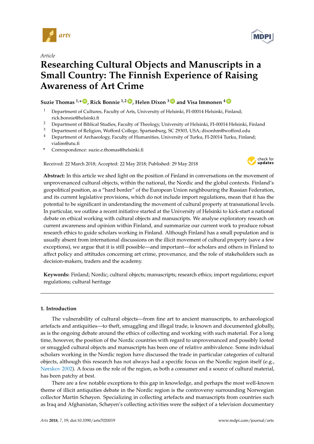 Researching Cultural Objects and Manuscripts in a Small Country: the Finnish Experience of Raising Awareness of Art Crime