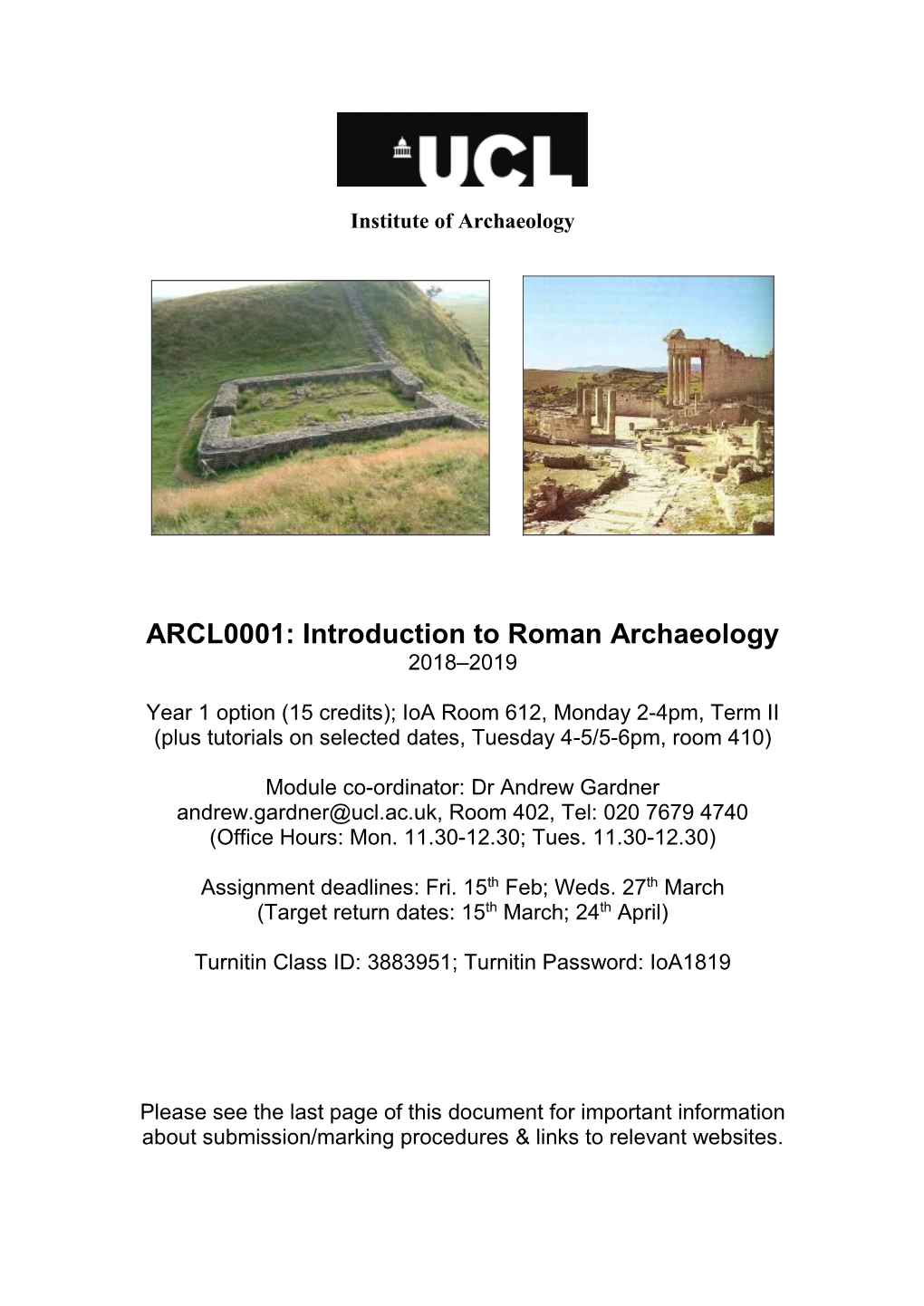 Introduction to Roman Archaeology 2018–2019