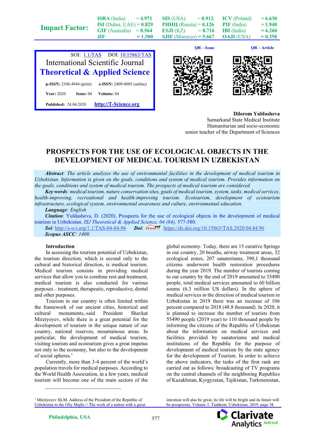 Prospects for the Use of Ecological Objects in the Development of Medical Tourism in Uzbekistan