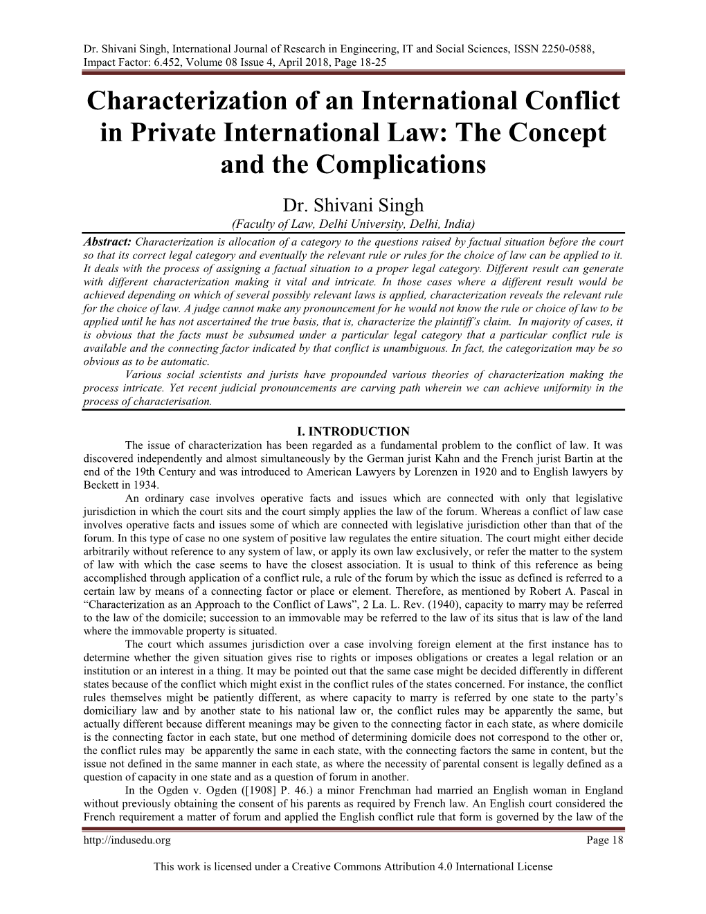 6.452, Volume 08 Issue 4, April 2018, Page 18-25 Characterization of an International Conflict in Private International Law: the Concept and the Complications