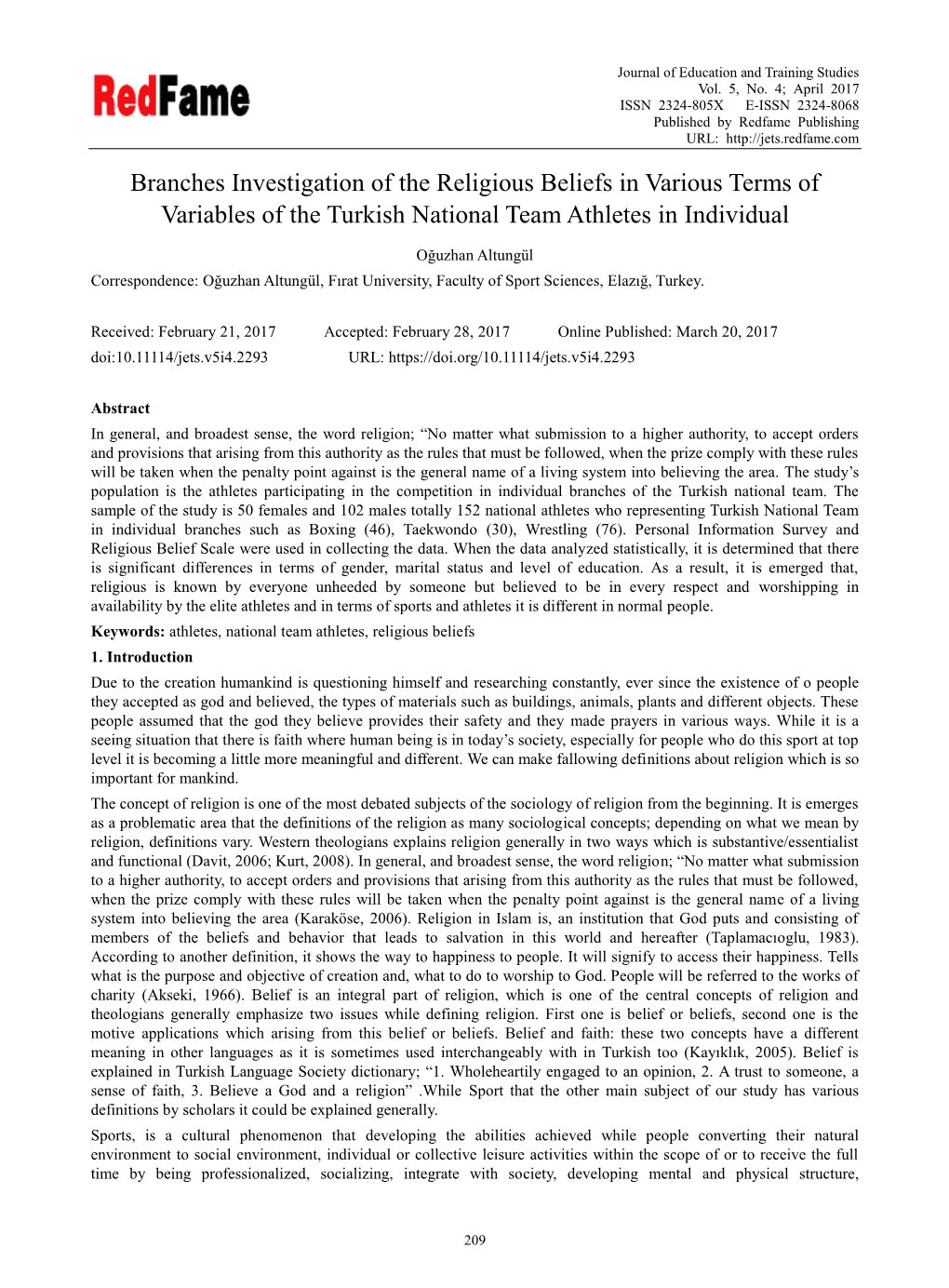 Branches Investigation of the Religious Beliefs in Various Terms of Variables of the Turkish National Team Athletes in Individual