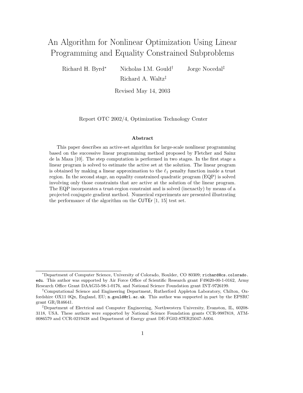 An Algorithm for Nonlinear Optimization Using Linear Programming and Equality Constrained Subproblems