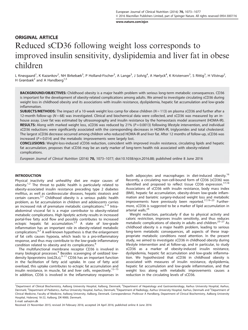 Reduced Scd36 Following Weight Loss Corresponds to Improved Insulin Sensitivity, Dyslipidemia and Liver Fat in Obese Children