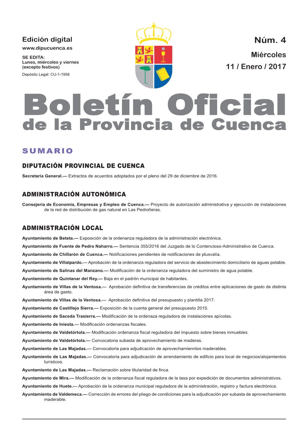 Boletín Oficial De La Provincia De Cuenca Sumario Diputación Provincial De Cuenca