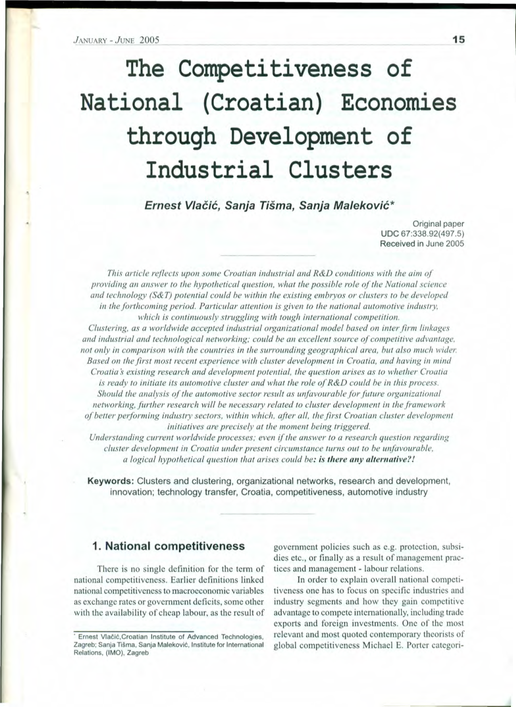 The Competitiveness of National (Croatian) Economies Through Development of Industrial Clusters