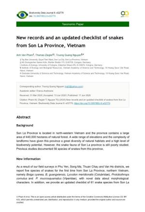 New Records and an Updated Checklist of Snakes from Son La Province, Vietnam