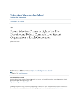 Forum Selection Clauses in Light of the Erie Doctrine and Federal Common Law: Stewart Organizations V