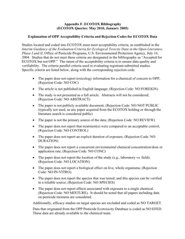 Appendix F. ECOTOX Bibliography (ECOTOX Queries: May 2010, January 2005)