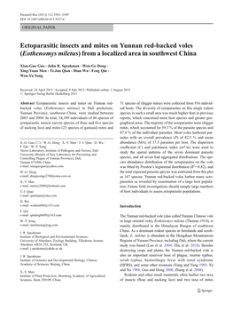 Ectoparasitic Insects and Mites on Yunnan Red-Backed Voles (Eothenomys Miletus) from a Localized Area in Southwest China