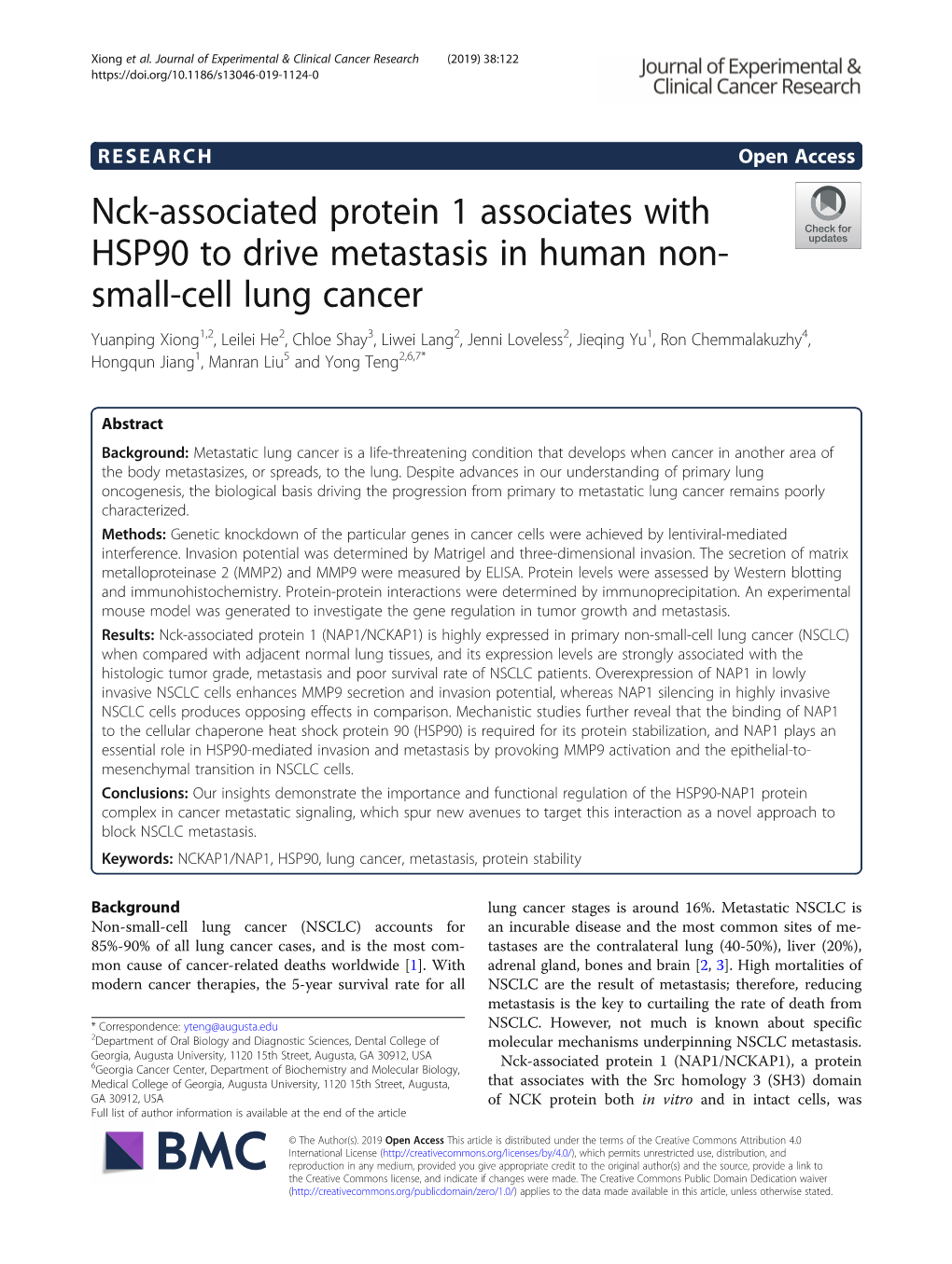 Nck-Associated Protein 1 Associates with HSP90 to Drive Metastasis In