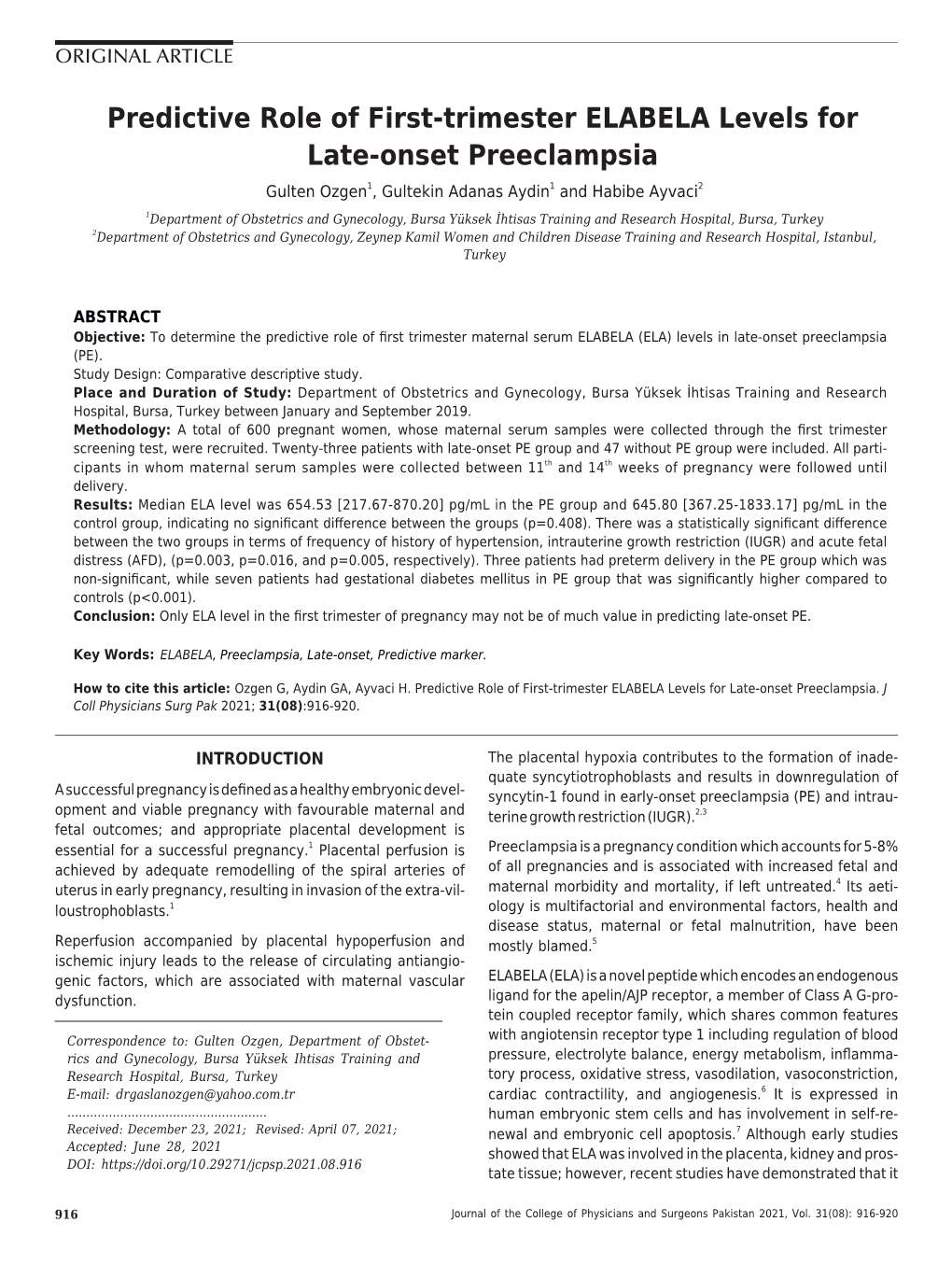 Predictive Role of First-Trimester ELABELA Levels for Late-Onset