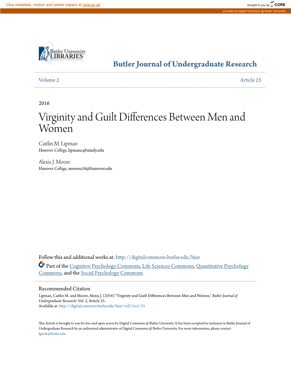 Virginity and Guilt Differences Between Men and Women Caitlin M