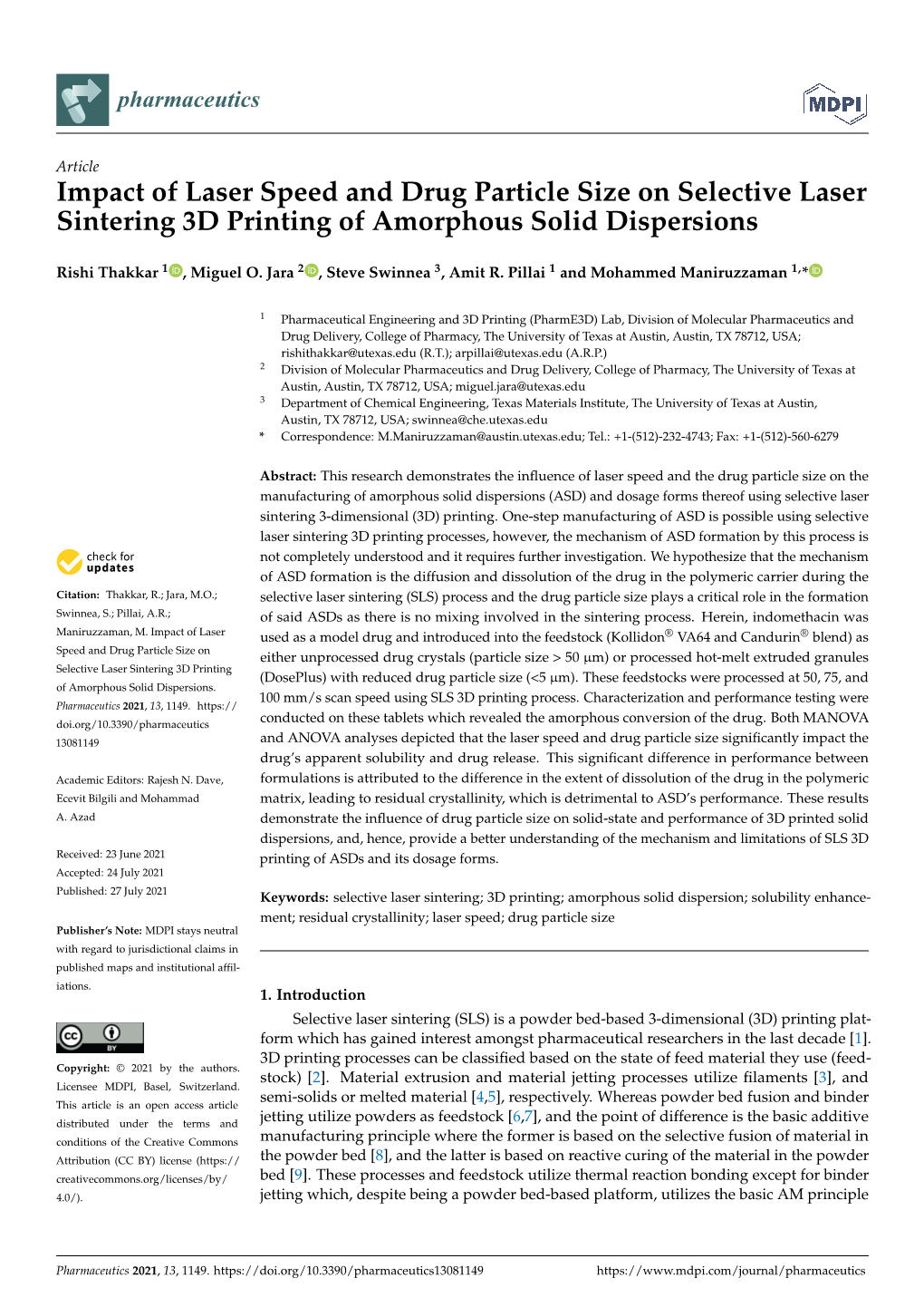 Impact of Laser Speed and Drug Particle Size on Selective Laser Sintering 3D Printing of Amorphous Solid Dispersions