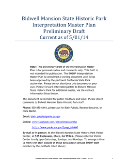 Bidwell Mansion State Historic Park Interpretation Master Plan Preliminary Draft Current As of 5/01/14