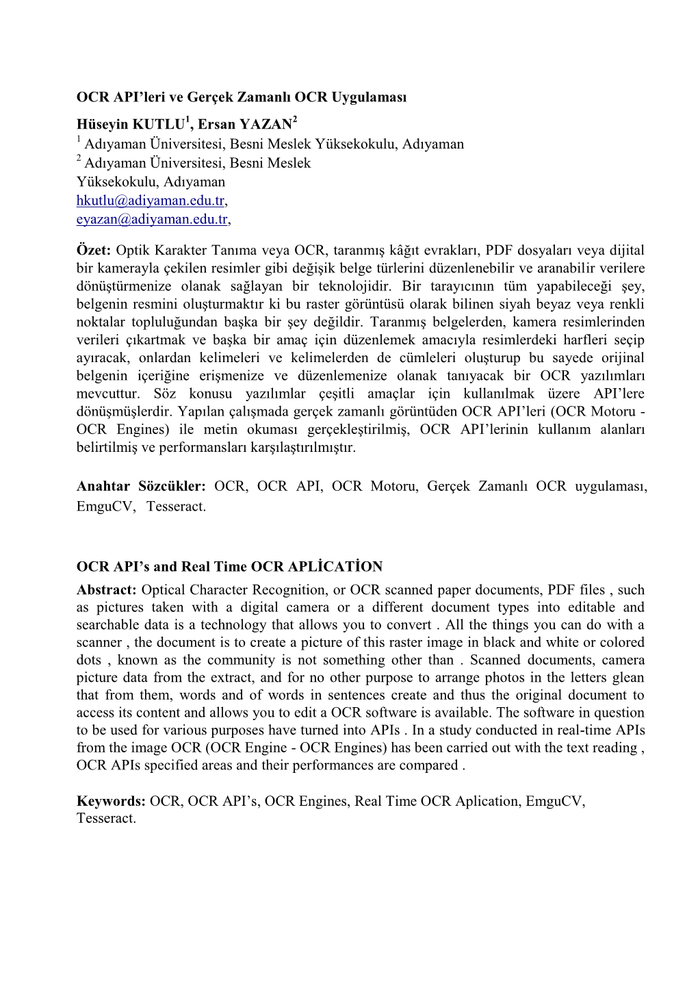 OCR API'leri Ve Gerçek Zamanlı OCR Uygulaması Hüseyin KUTLU1