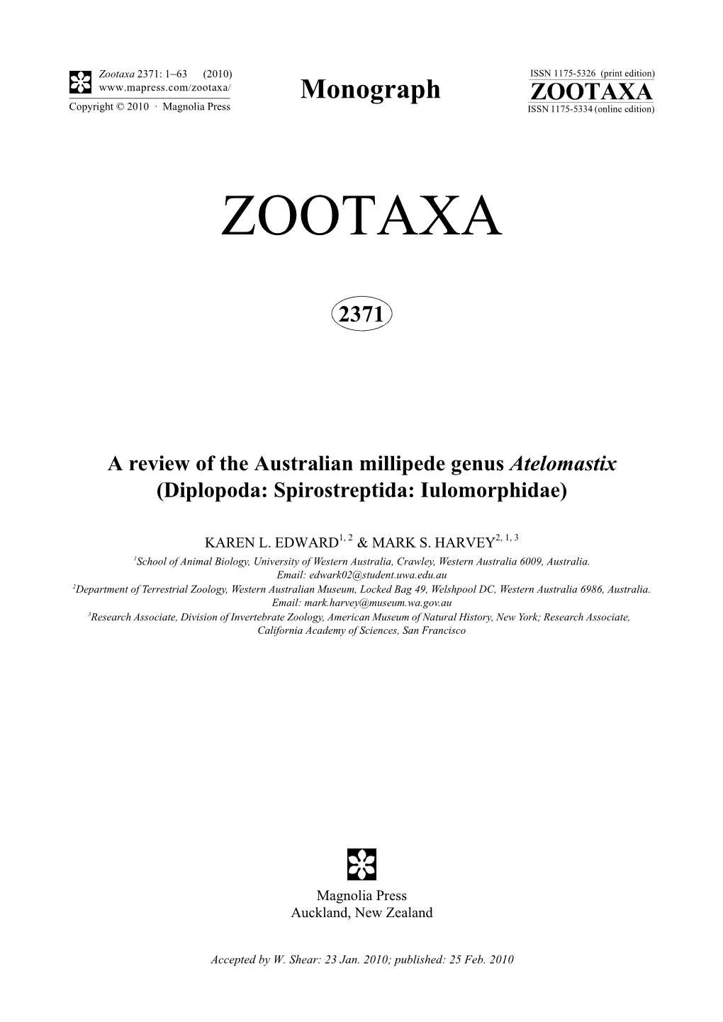 Zootaxa, a Review of the Australian Millipede Genus Atelomastix