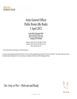 Army General Officer Public Roster (By Rank) 5 April 2012